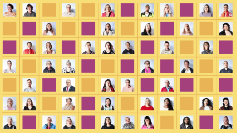 Kuvakollaasi, jossa on ihmisten kasvokuvia sekä keltaisia ja fuksianpunaisia ruutuja.