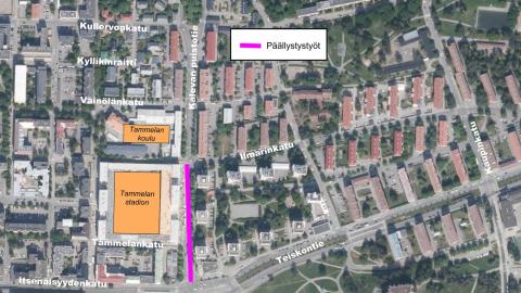 Kalevan puistotien päällystystyö kartalla.