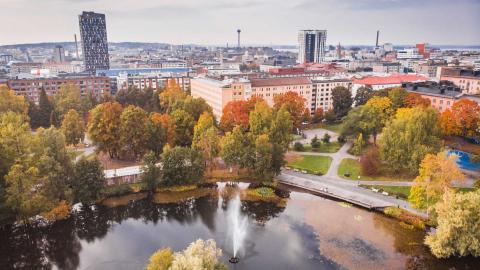 Sorsapuisto syksyllä ylhäältä päin kuvattuna keskustan suuntaan.
