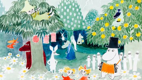 Piirros puutarhasta, jossa Muumilaakson asukkaat viettävät juhlaa illan hämyssä.