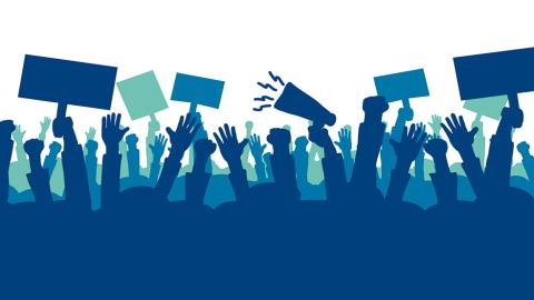 Silhuetti mielenosoittajista (piirroskuva). 