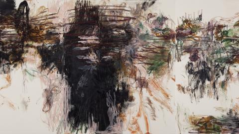 Panoraamakuvan muotoinen öljyvärimaalaus, jossa vaalealle pohjalle on maalattu vauhdikkaan oloisesti liikkeen tunnun mieleen tuovia leveitä, tummasävyisä siveltimenvetoja.