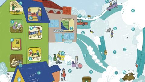 Joulukalenterin värikäs piirros tamperelaisesta maisemasta.