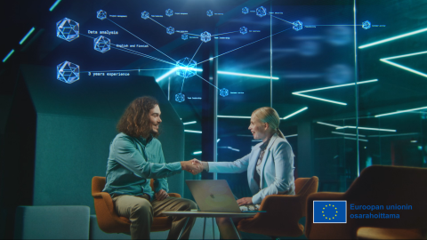 Tekoäly kokoaa yhteen työnantajat ja työntekijät. Mies ja nainen kättelevät. Ilmassa Osaajavarannon tietueita.