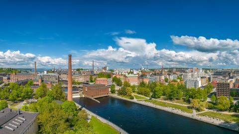 Drone view of Tammerkoski and nearby area in summertime.