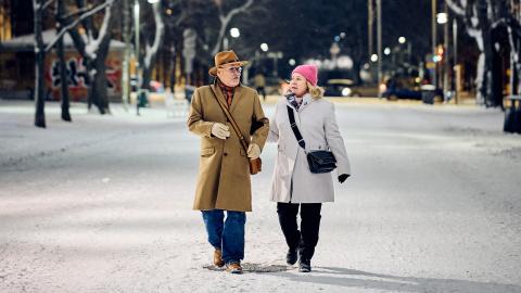 Kaksi henkilöä kävelee talviaikaan puistossa.
