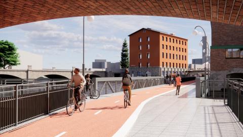 Havainnekuva uudesta Valssipadonraititista, pyöräilijöitä, näkymä itään Frenckellin rakennuksen aukolta.