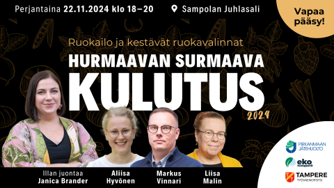 Hurmaavan surmaava kulutus -tapahtuman mainos, jossa infotiedot ja neljä henkilöä.