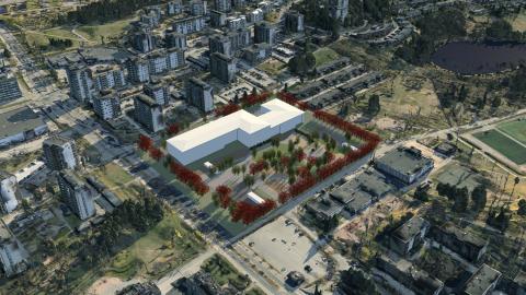 Kuvassa kaupunkimalliin sovitettu koulua hahmotteleva havainnekuva.