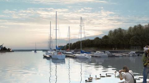 Purjeveneitä venelaiturissa Mustanlahden satamassa, havainnekuva.