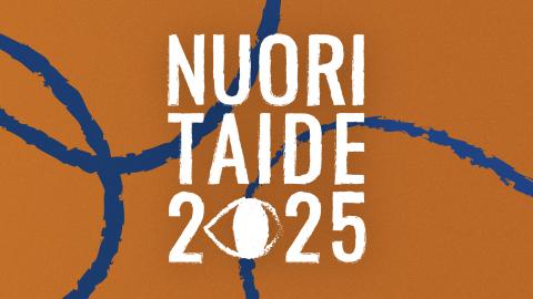 Rusehtavalla taustalla sinisiä kaaria, joiden päällä lukee Nuori Taide 2025. 