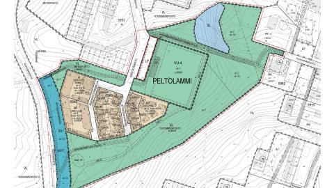 Asemakaavaehdotus, ruskealla asuinalueita ja vihreällä viheralueita.