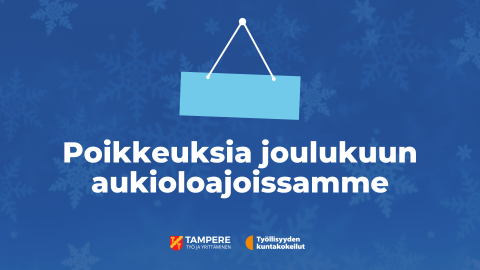 Tummansininen tausta on täynnä haaleita lumihiutaleita. Teksti: poikkeuksia joulukuun aukioloajoissamme.