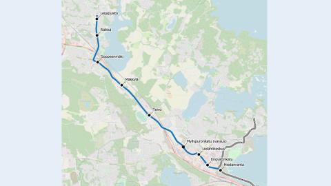 Kartassa näkyy ratikan reitti Ylöjärvelle sekä suunnitellut pysäkit.