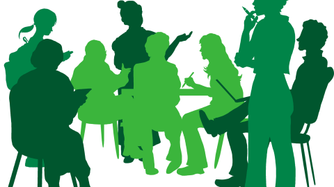 Eri vihreän sävyisiä piirrettyjä ihmishahmojen siluetteja, osa istuu ja osa seisoo.