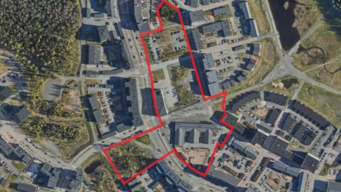 Vuoreksen keskustan kilpailun aluerajaus ilmakuvassa