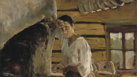 Vanha maalaus, jossa vaaleapaitainen nainen nojaa tulisijan kylkeen hirsituvassa. Tulisijassa pata ja kala paistumassa vartaassa.