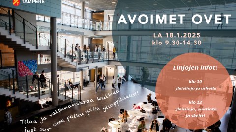 Samkessa on avoimet ovat 18.1. klo 9.30-14.30. Kuvassa tekstin lisäksi koulun aula.