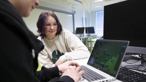 Two young people work on the computer.
