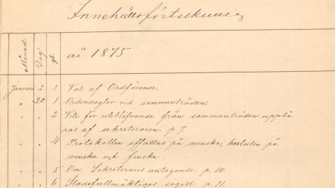 Kaupunginvaltuuston esityslistaa vuodelta 1875.