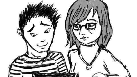 Kaksi piirrettyä hahmoa katselee kulman alareunassa olevaa ruutua.