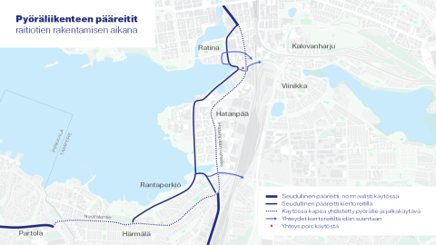 Pyöräliikenteen reitit raitiotien rakentamisen aikana kartalla.