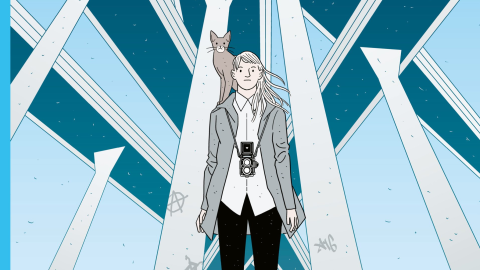 Piirretty harmaisiin pukeutunut mies seisoo kissa olallaan, taustalla sinisävyisiä palkkeja. 