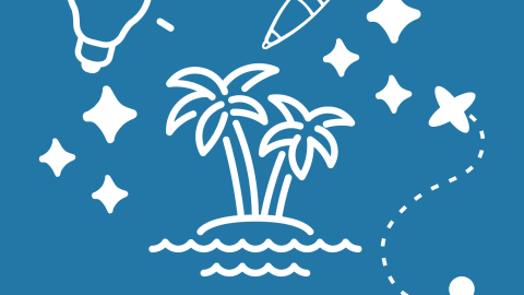 Kuvituskuva. Graafisia elementtejä palmuista, tähdistä, kynästä, lampusta ja kartasta.