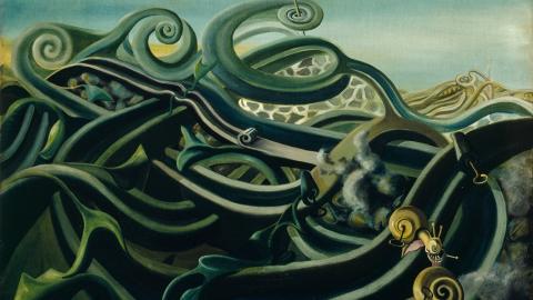 Surrealistinen tummasävyinen maalaus.