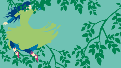 Luontoteemainen kuvituskuva. Tanssiva henkilö puidenoksien ympäröimänä.