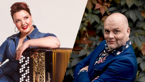 Vasemmalla puolella nainen nojaa haitariin, oikealla puolella mies kädet puuskassa.