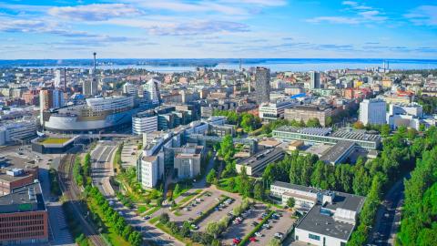 Aerial view of Tampere city center in summer time.