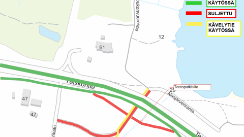Teiskontien kävely- ja pyörätieurakan liikennejärjestelyt kartalla huhtikuussa 2025.