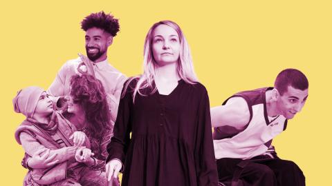 Keltaisella taustalla oleva kuvakollaasi, jossa on viisi henkilöä. Heistä kaikilla on jokin vamma.