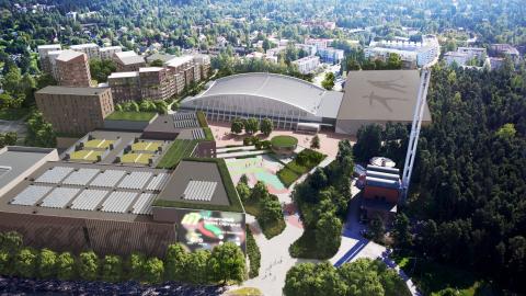 Hakametsä Sport Campus -alueen tulevaisuuden havainnekuva. Sisältää rakennuksia ja puistoaluetta.
