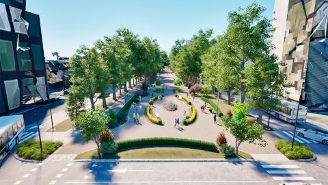 Kuvassa esplanadi, puita, pensaita, kävely- ja pyöräväylä.