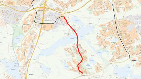 Karttakuva Vuoreksen puistokadun  raitiotien linjauksesta.