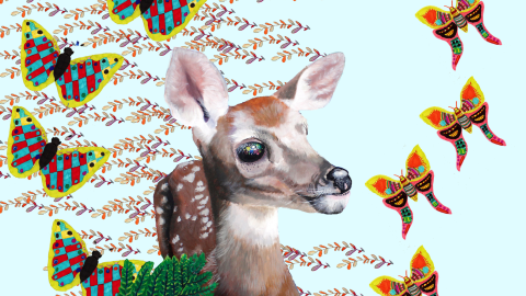 Kuvataidekollaasi, jossa on peura ja perhosia.