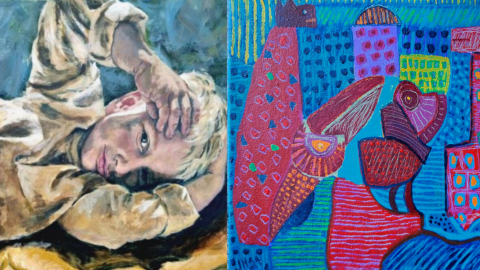 Kaksi maalausta vierekkäin, jotka esittävät pientä hymyilevää poikaa ja värikästä kaupunkimaisemaa.