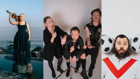 Kolmen kuvan sarja, joista ensimmäisessä nainen seisoo viulu olallaan rantakivikossa, keskimmäisessä on musta-asuinen kolmihenkinen yhtye, ja viimeisessä on mies kahden jalkapallon kanssa.