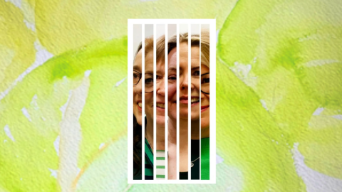 Valokuvia kasvoista, taustalla akvarellimaalaus.