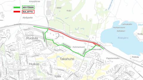 Teiskontien jalankulku- ja pyörätien kiertoreitti kartalla Ruotulassa.