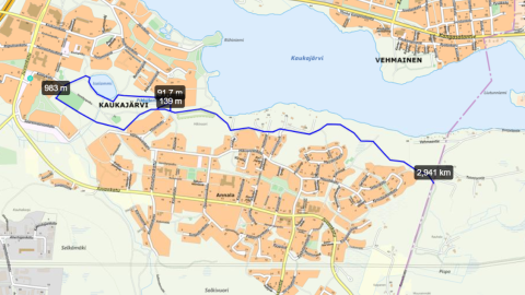 Kaukajärven ulkoilureittityömaa kartalla.