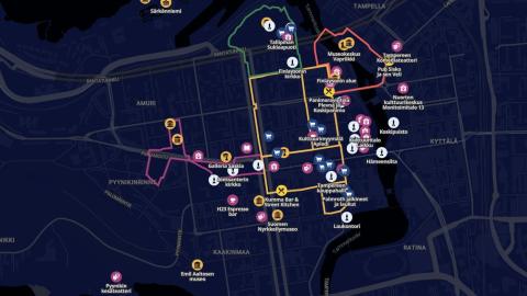 Tummapohjainen karttakuva, jossa väreillä merkitty reittejä Tampereen läntisen keskustan alueelle.