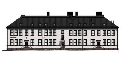 Arkkitehdin piirtämä suunnitelmakuva koulurakennuksesta, joka on vanhanaikainen puurakennus.
