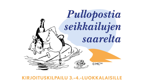 In the emblem of the writing competition, Moominmamma is reading a message in a bottle from Moominpappa to Moomintroll and Sniff.