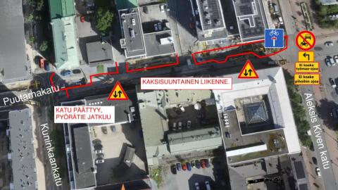 Puutarhakadun liikennejärjestelyt kartalla elokuussa 2025.