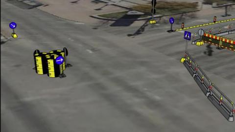 Satakunnankadun ja Aleksis Kiven kadun risteyksen väliaikainen liikenneympyrä havainnekuvassa.