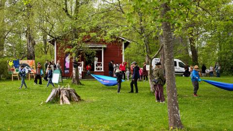 Ihmisiä vihreässä puistossa, jossa on värikkäitä taideteoksia. Osa ripustaa riippumattoja. 