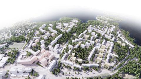 Ilmakuvassa kaupungiosaa ja siihen tulevia uusia rakennuksia.